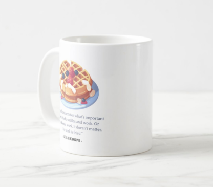 Leslie Knope "Waffles, Friends, Work" Parks and Recreation Quote Coffee Mug White, 11 oz.